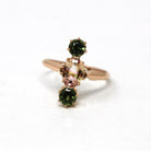 Pink & Green Tourmaline Ring - Modern Estate 18k Rose Gold Three Stone Ring - Size 6 3/4 Navette Cocktail Fine Jewelry w/ Qualitative Report