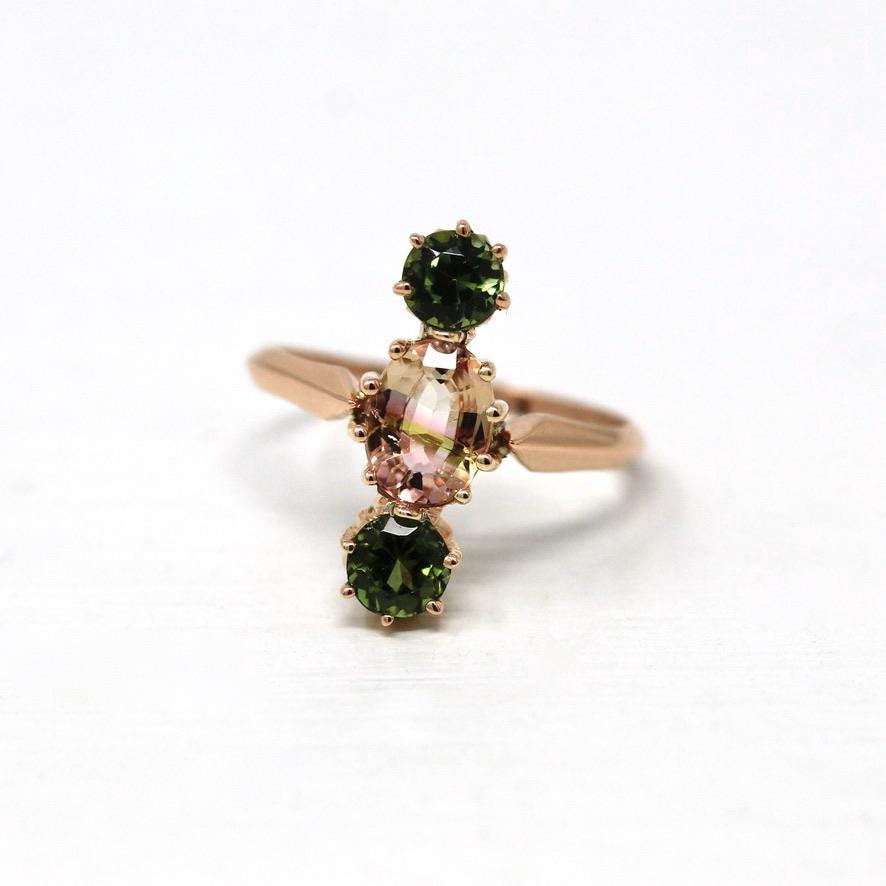 Pink & Green Tourmaline Ring - Modern Estate 18k Rose Gold Three Stone Ring - Size 6 3/4 Navette Cocktail Fine Jewelry w/ Qualitative Report