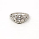 White Sapphire Ring - 18k White Gold Filigree Engagement Fine Jewelry - Vintage 1930 Size 5 1/4 Wedding Diamond Bridal Jewelry