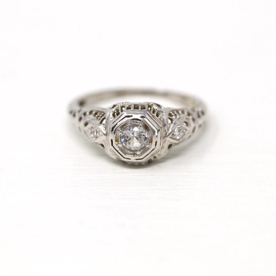 White Sapphire Ring - 18k White Gold Filigree Engagement Fine Jewelry - Vintage 1930 Size 5 1/4 Wedding Diamond Bridal Jewelry