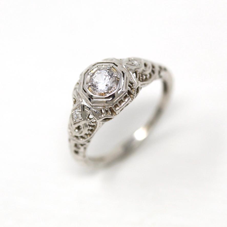 White Sapphire Ring - 18k White Gold Filigree Engagement Fine Jewelry - Vintage 1930 Size 5 1/4 Wedding Diamond Bridal Jewelry