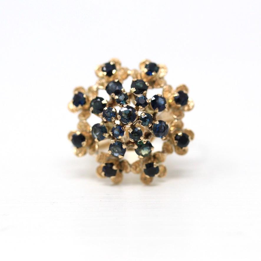 Thai Princess Ring - Retro 10k Yellow Gold Genuine Blue Sapphire Flower Faceted Gems - Vintage Circa 1960s Size 6.5 Statement Fine Jewelry