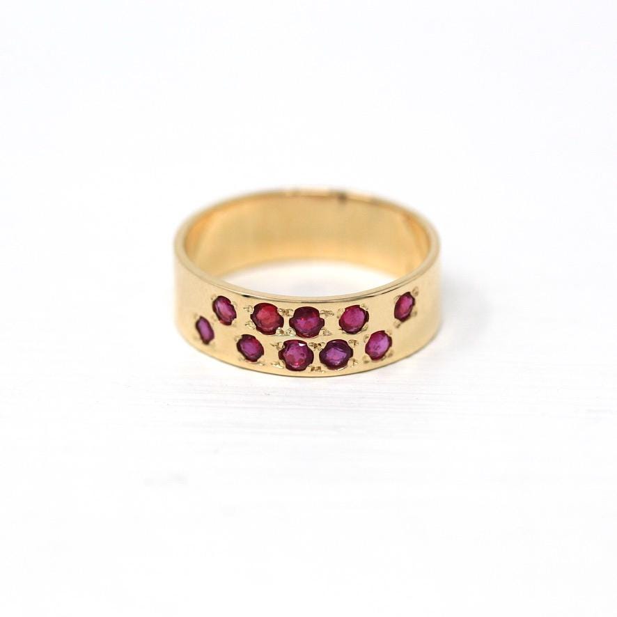 Retro Statement Band - Vintage 14k Yellow Gold & Genuine Round Ruby Gemstone Ring - Size 6.5 1960s Cigar Gem Band Stacking Fine Jewelry