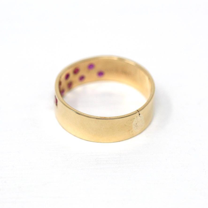 Retro Statement Band - Vintage 14k Yellow Gold & Genuine Round Ruby Gemstone Ring - Size 6.5 1960s Cigar Gem Band Stacking Fine Jewelry