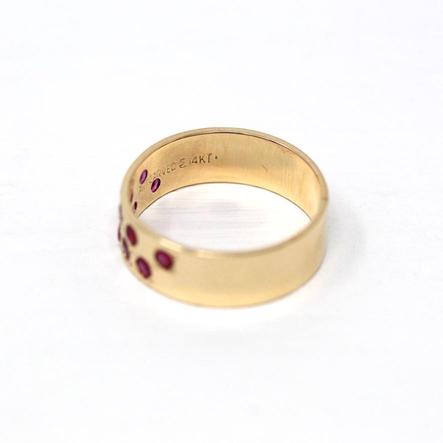 Retro Statement Band - Vintage 14k Yellow Gold & Genuine Round Ruby Gemstone Ring - Size 6.5 1960s Cigar Gem Band Stacking Fine Jewelry