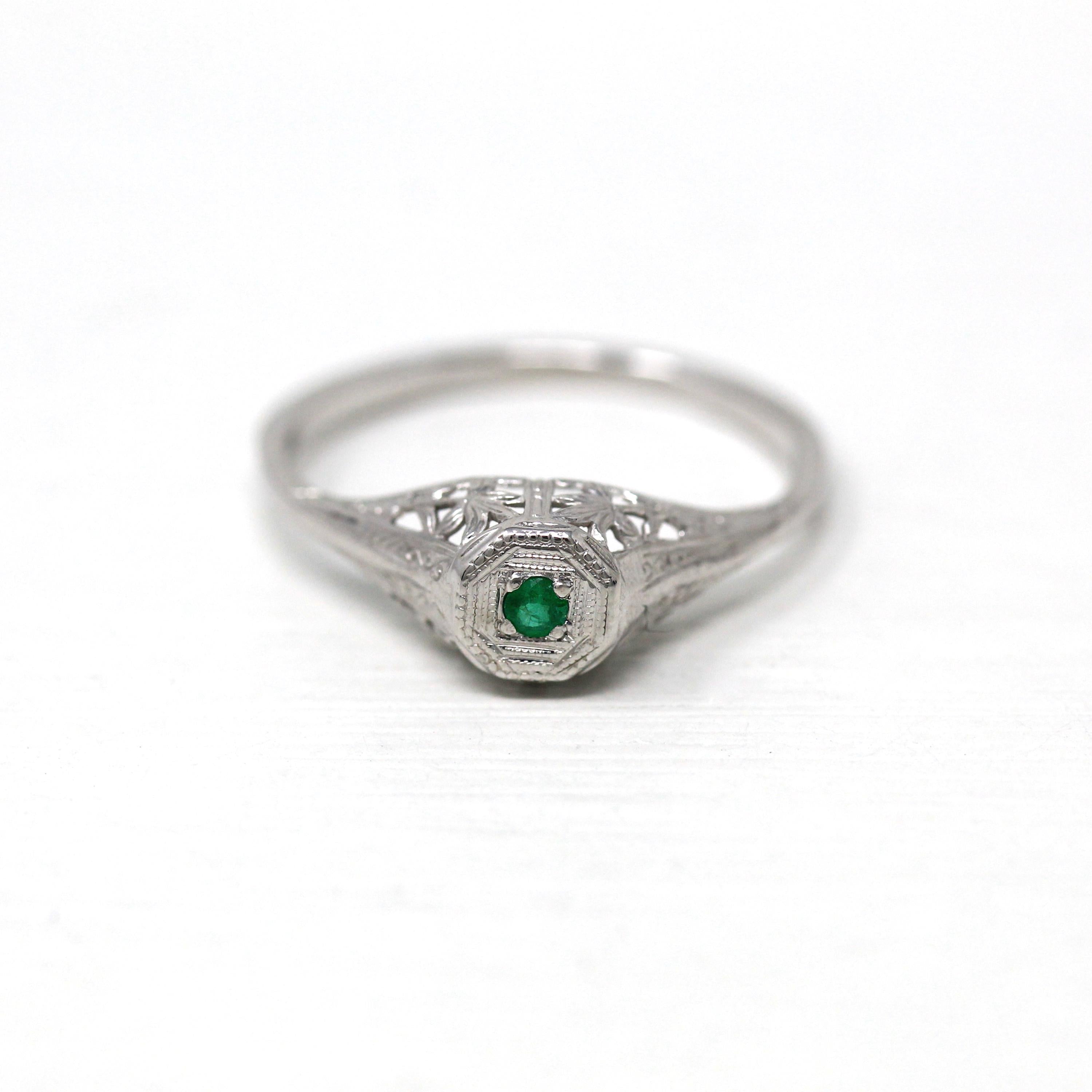 Genuine Emerald Ring - Art Deco 18k White Gold Filigree Round Faceted Green Gemstone - Vintage Circa 1930s Size 7 1/4 Solitaire Fine Jewelry