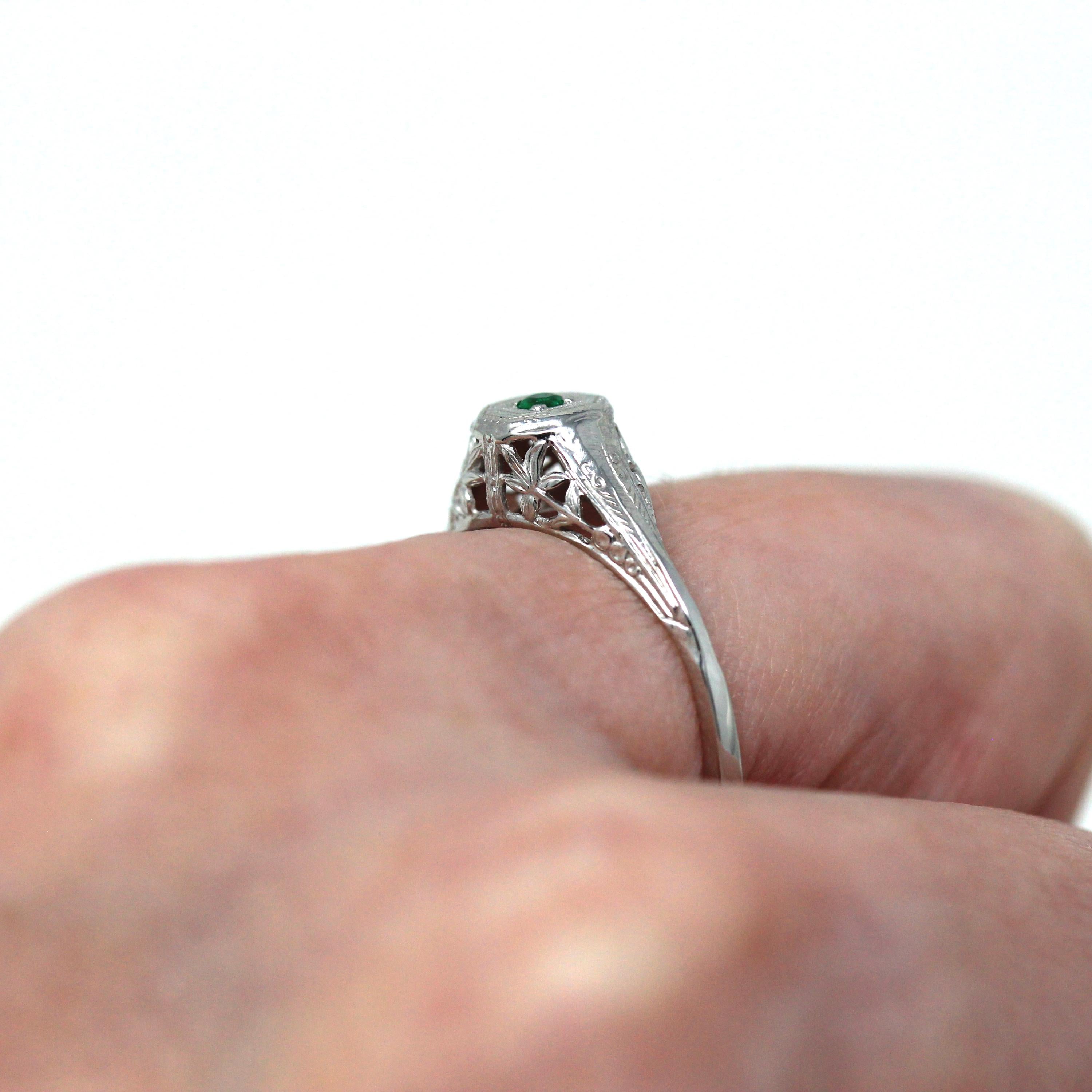 Genuine Emerald Ring - Art Deco 18k White Gold Filigree Round Faceted Green Gemstone - Vintage Circa 1930s Size 7 1/4 Solitaire Fine Jewelry