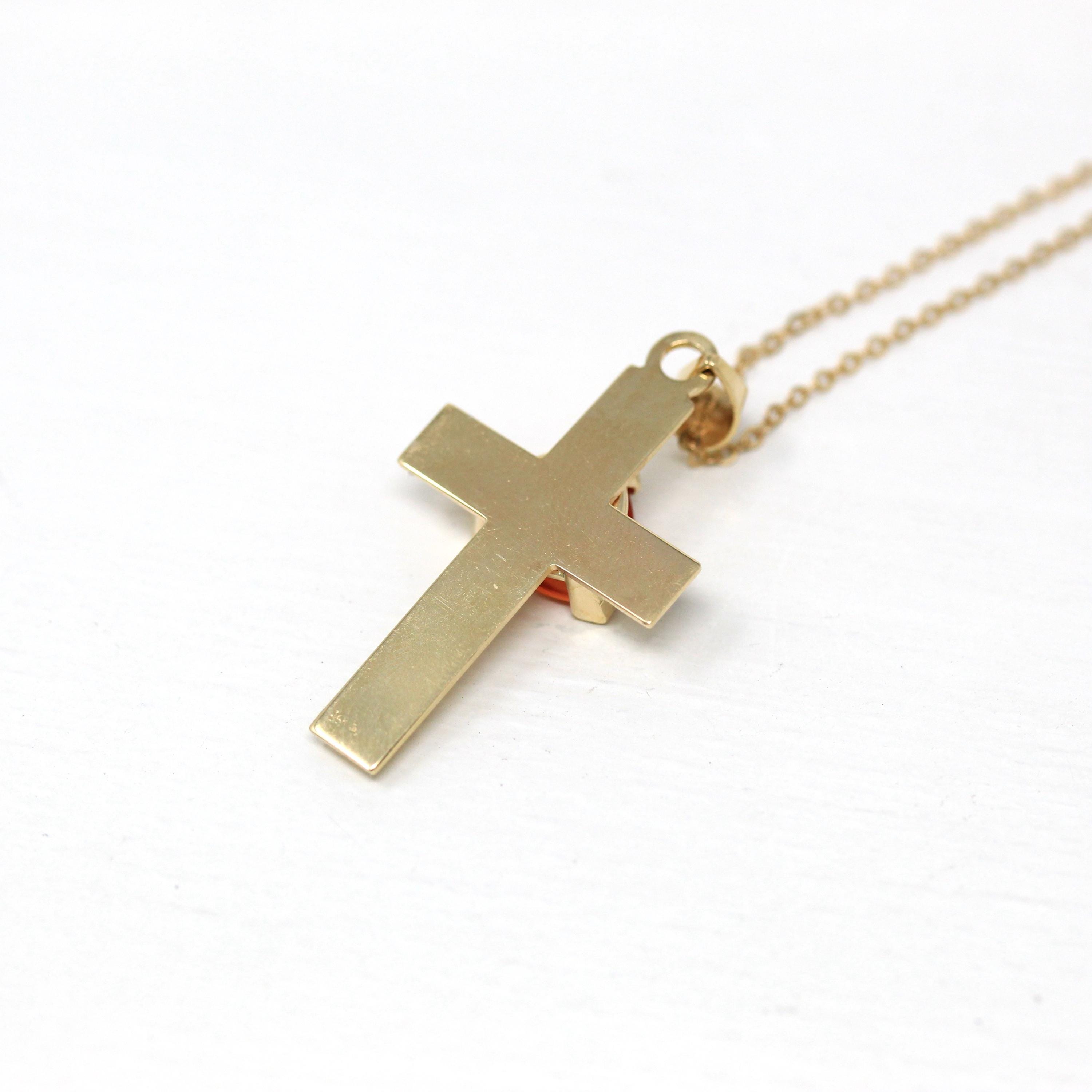 Created Orange Sapphire Cross Necklace - Modern 14k Yellow Gold Trilliant Cut Orange Pendant Charm - Estate Religious Faith Fine Jewelry