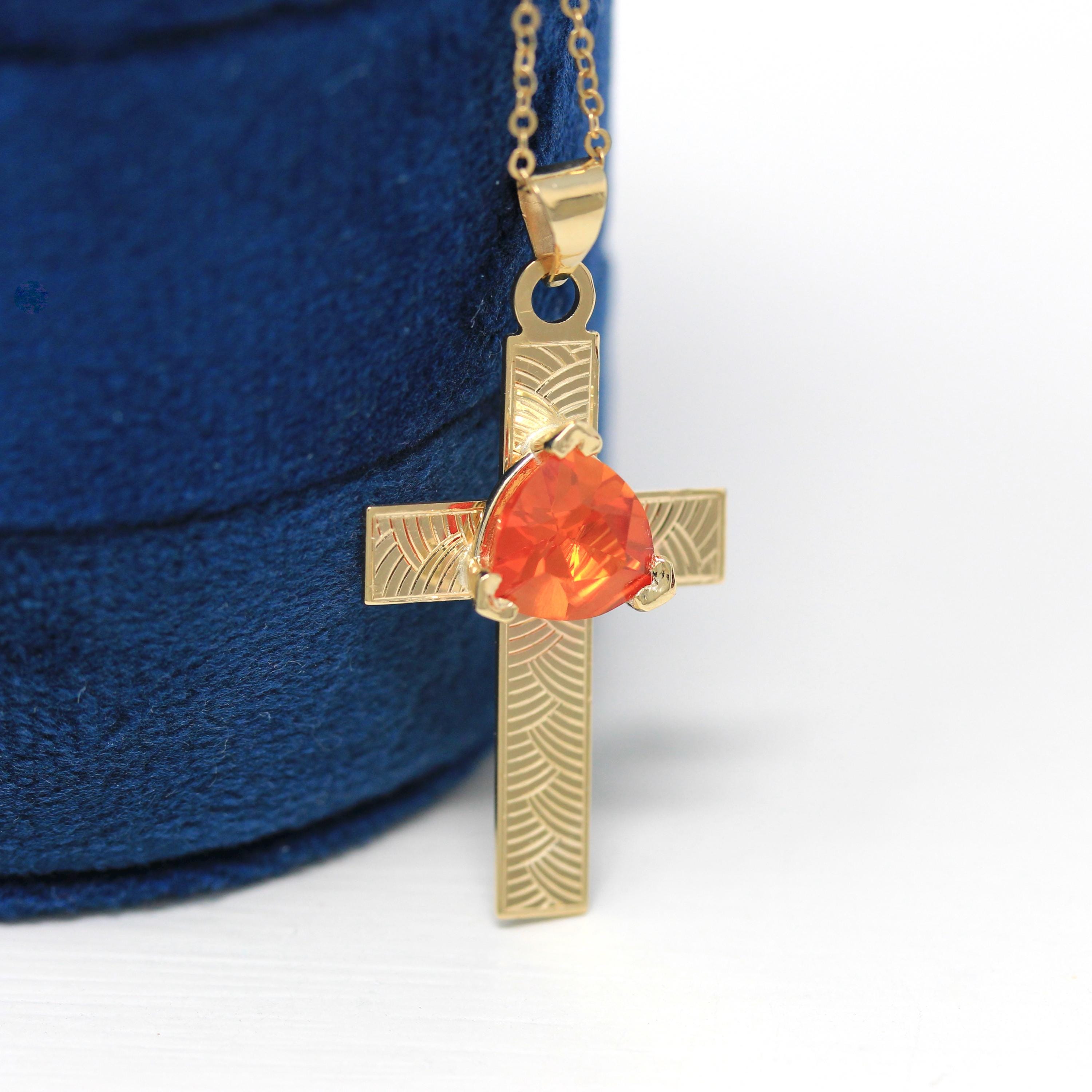 Created Orange Sapphire Cross Necklace - Modern 14k Yellow Gold Trilliant Cut Orange Pendant Charm - Estate Religious Faith Fine Jewelry