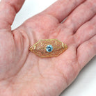 Genuine Zircon Brooch - Retro 10k Yellow Gold Genuine 1.33 CT Blue Gemstone - Vintage Circa 1940s Era Filigree Leaf Statement Pin Jewelry