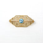 Genuine Zircon Brooch - Retro 10k Yellow Gold Genuine 1.33 CT Blue Gemstone - Vintage Circa 1940s Era Filigree Leaf Statement Pin Jewelry