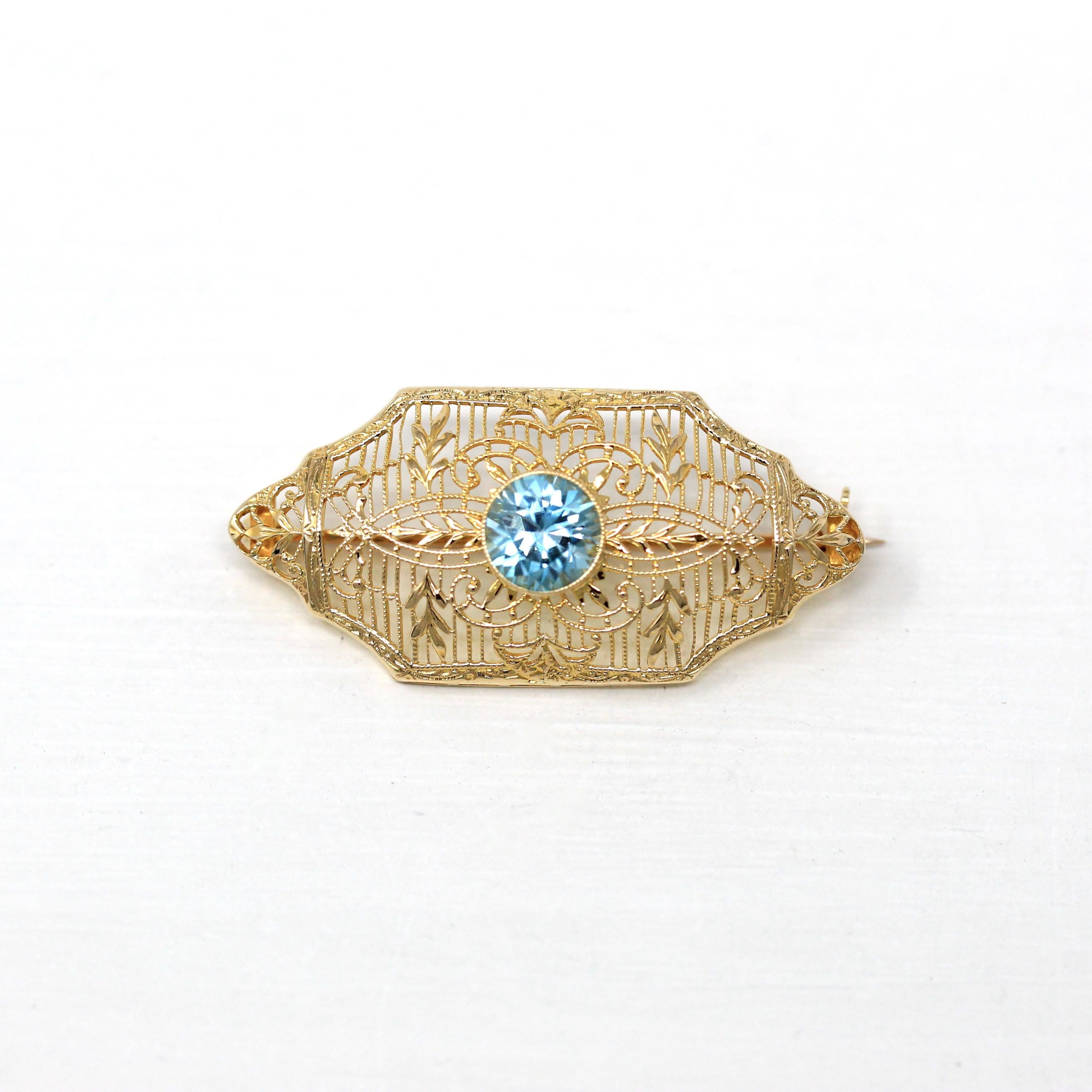 Genuine Zircon Brooch - Retro 10k Yellow Gold Genuine 1.33 CT Blue Gemstone - Vintage Circa 1940s Era Filigree Leaf Statement Pin Jewelry