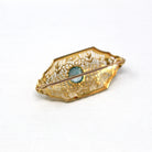 Genuine Zircon Brooch - Retro 10k Yellow Gold Genuine 1.33 CT Blue Gemstone - Vintage Circa 1940s Era Filigree Leaf Statement Pin Jewelry