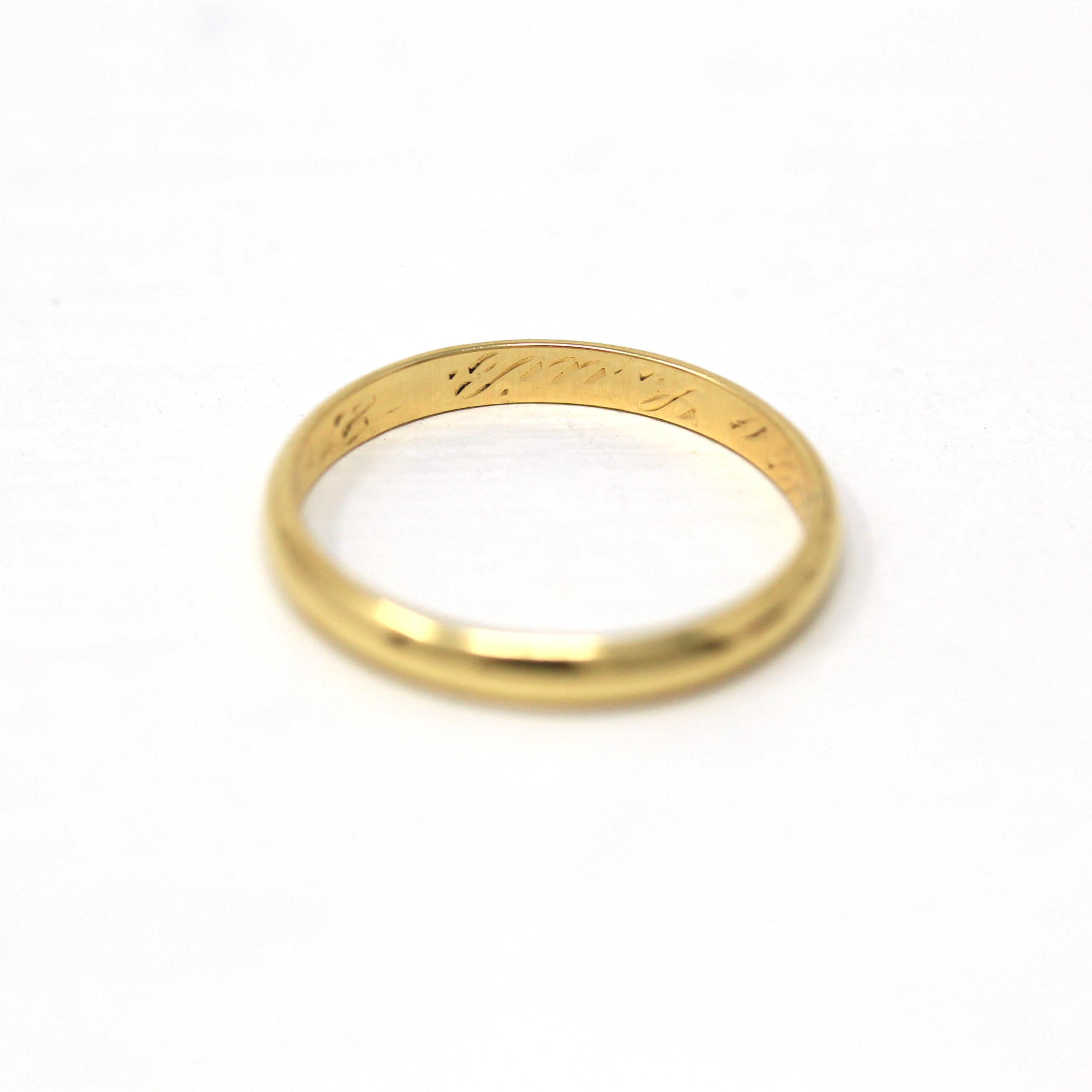 Estate Wedding Band - Vintage 750 18k Yellow Gold Unadorned Simple Plain Ring - Dated "21-07-83" Size 4 3/4 Engraved Letters Fine Jewelry