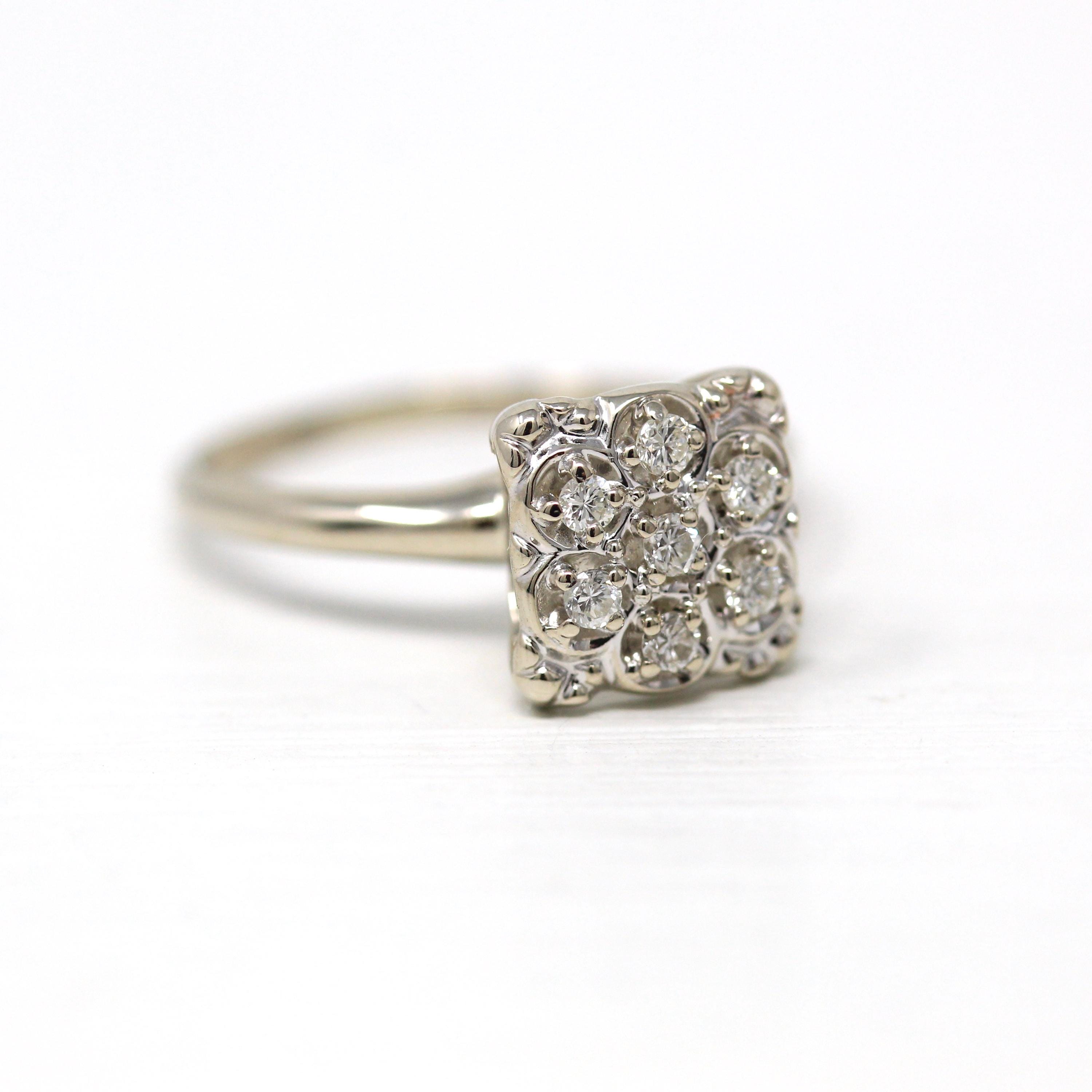 Diamond Cluster Ring - Mid Century 14k White Gold .28 CTW Flower Gems - Vintage Circa 1950s Era Size 8 1/2 Cocktail Statement Fine Jewelry