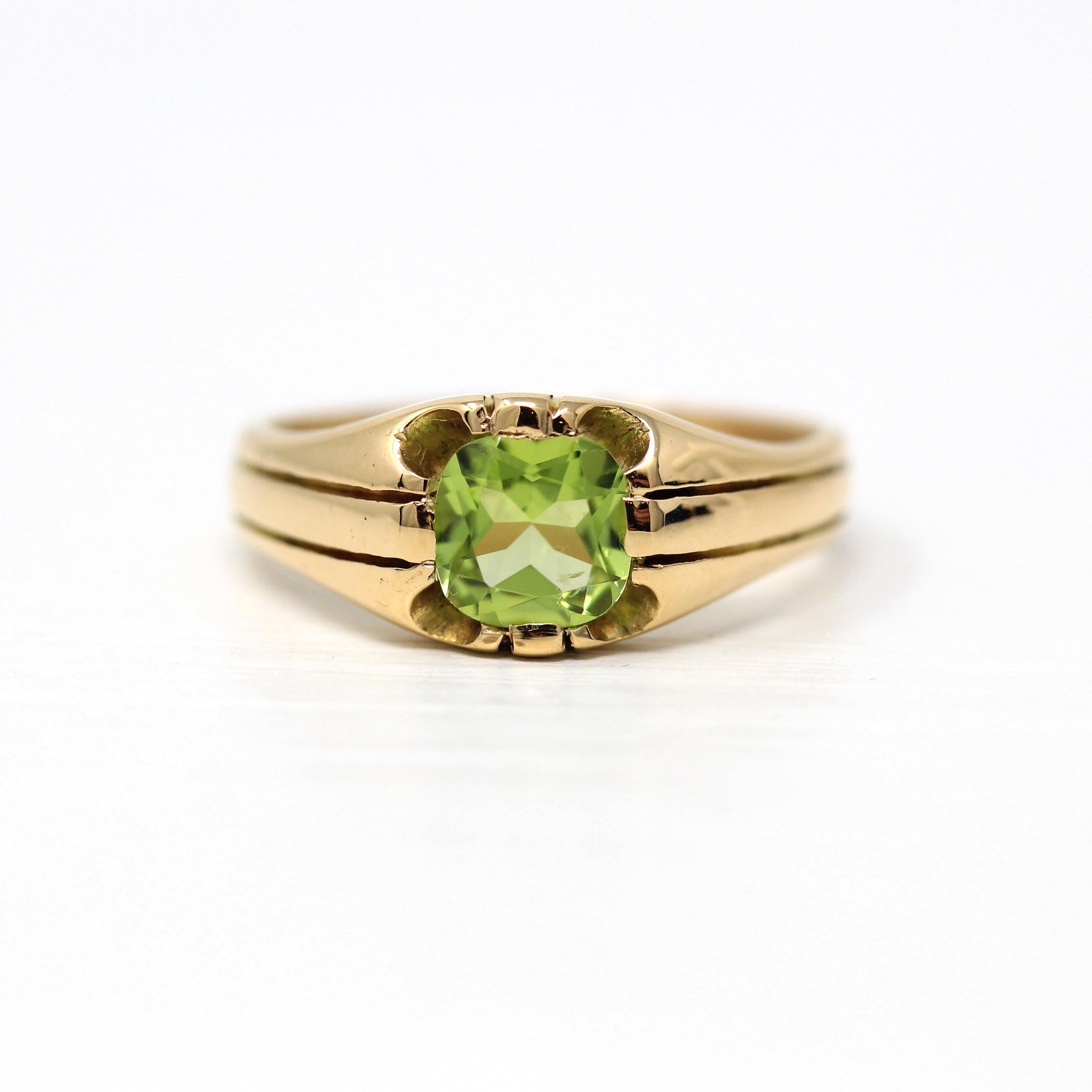 Genuine Peridot Ring - Edwardian 18k Yellow Gold 1.24 CT Green Gemstone - Antique Circa 1910s Era Size 10 1/4 August Birthstone Fine Jewelry