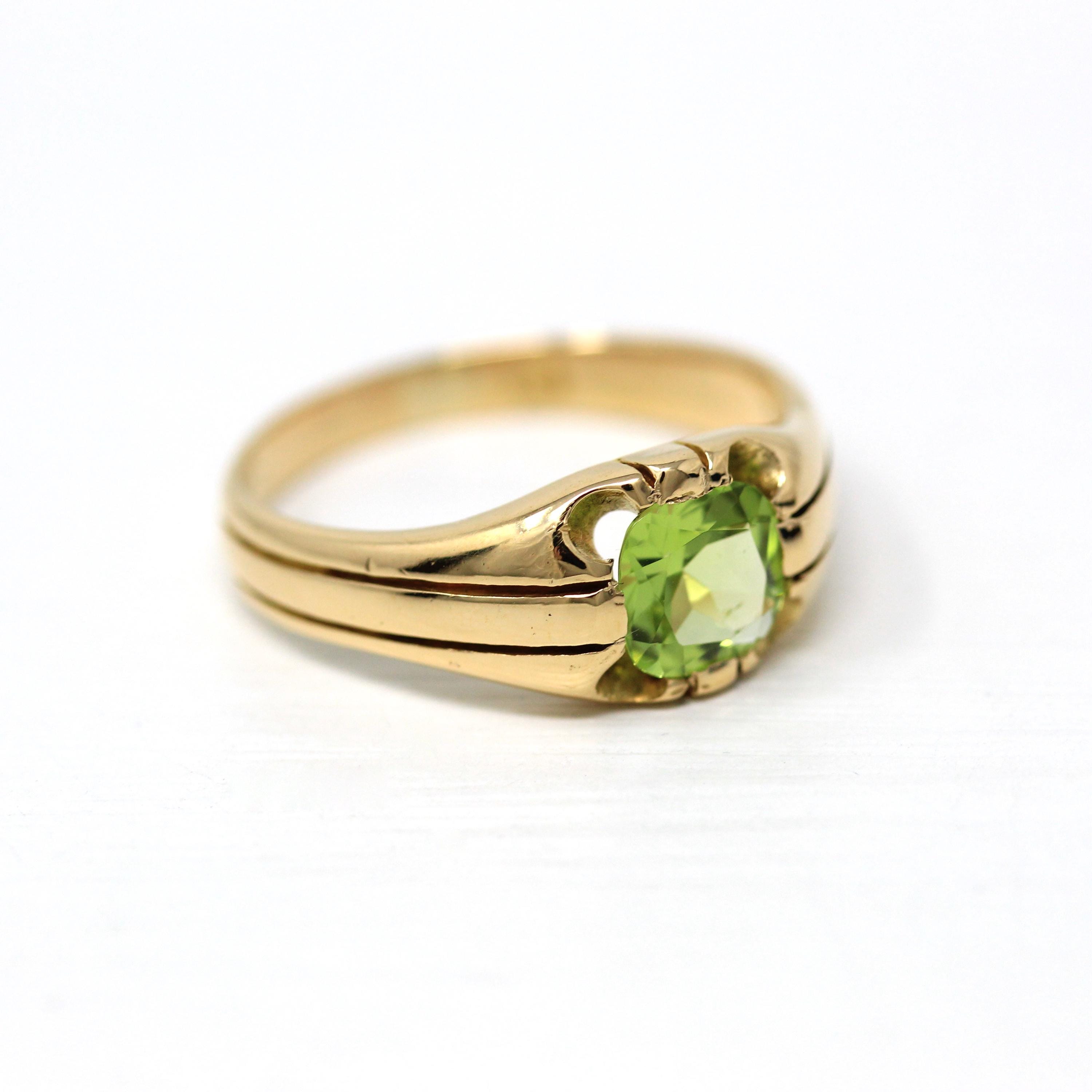 Genuine Peridot Ring - Edwardian 18k Yellow Gold 1.24 CT Green Gemstone - Antique Circa 1910s Era Size 10 1/4 August Birthstone Fine Jewelry