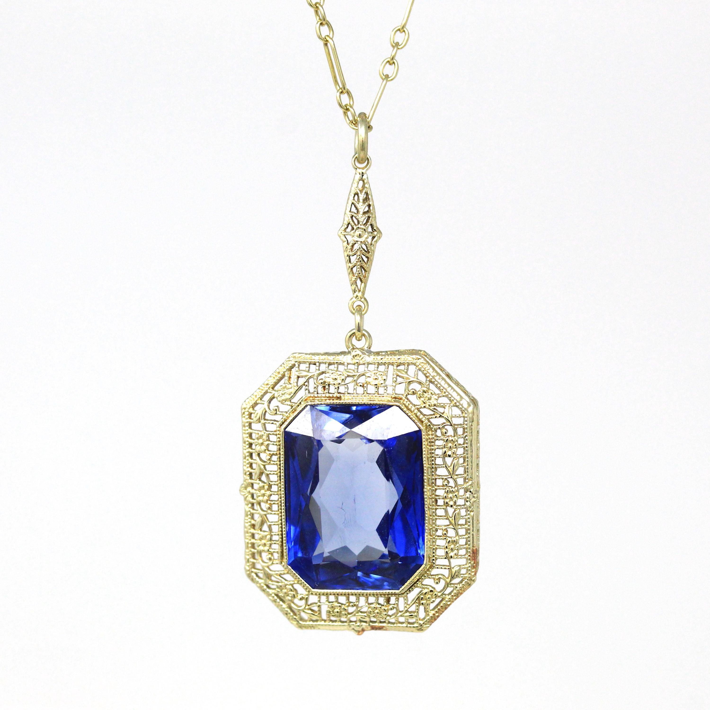 Art Deco Necklace - Vintage 14k Yellow Gold 10.91 CT Created Sapphire Statement - Circa 1930s Era Flower Filigree September Fine 30s Jewelry