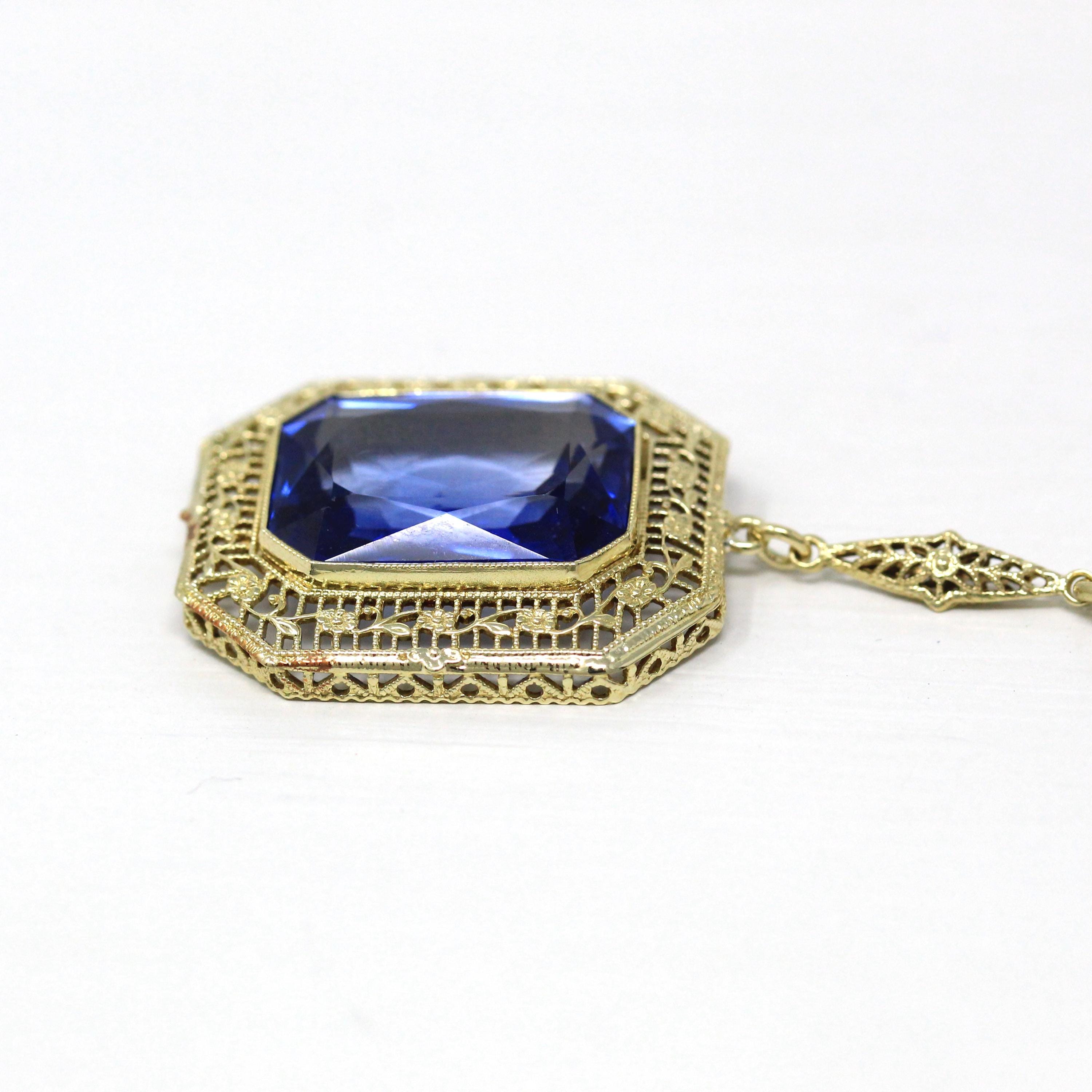 Art Deco Necklace - Vintage 14k Yellow Gold 10.91 CT Created Sapphire Statement - Circa 1930s Era Flower Filigree September Fine 30s Jewelry