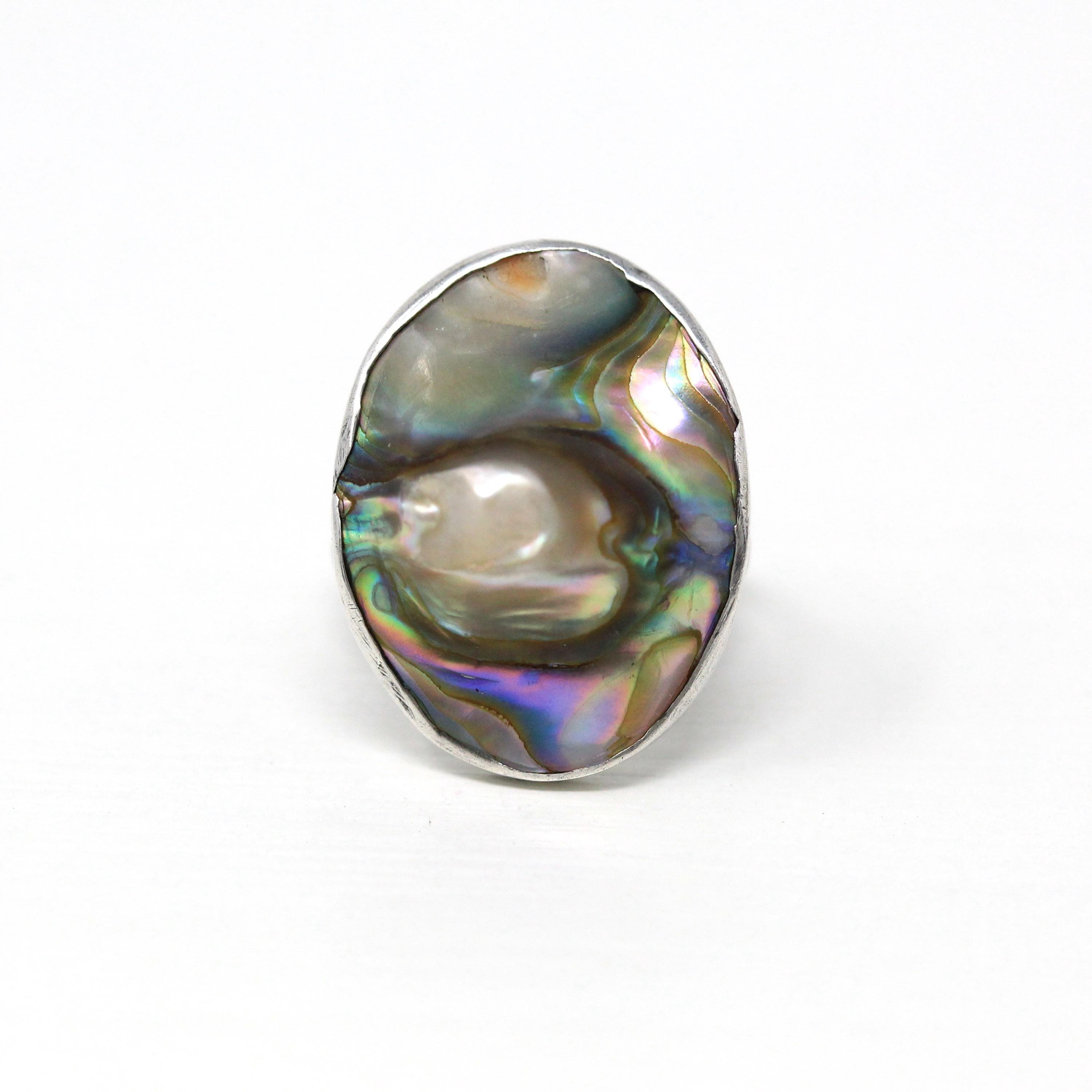 Blister Pearl Ring - Vintage Art Deco Era Sterling Silver Iridescent Organic Gem Statement - Circa 1930s Size 3 3/4 Unique 30s Oval Jewelry