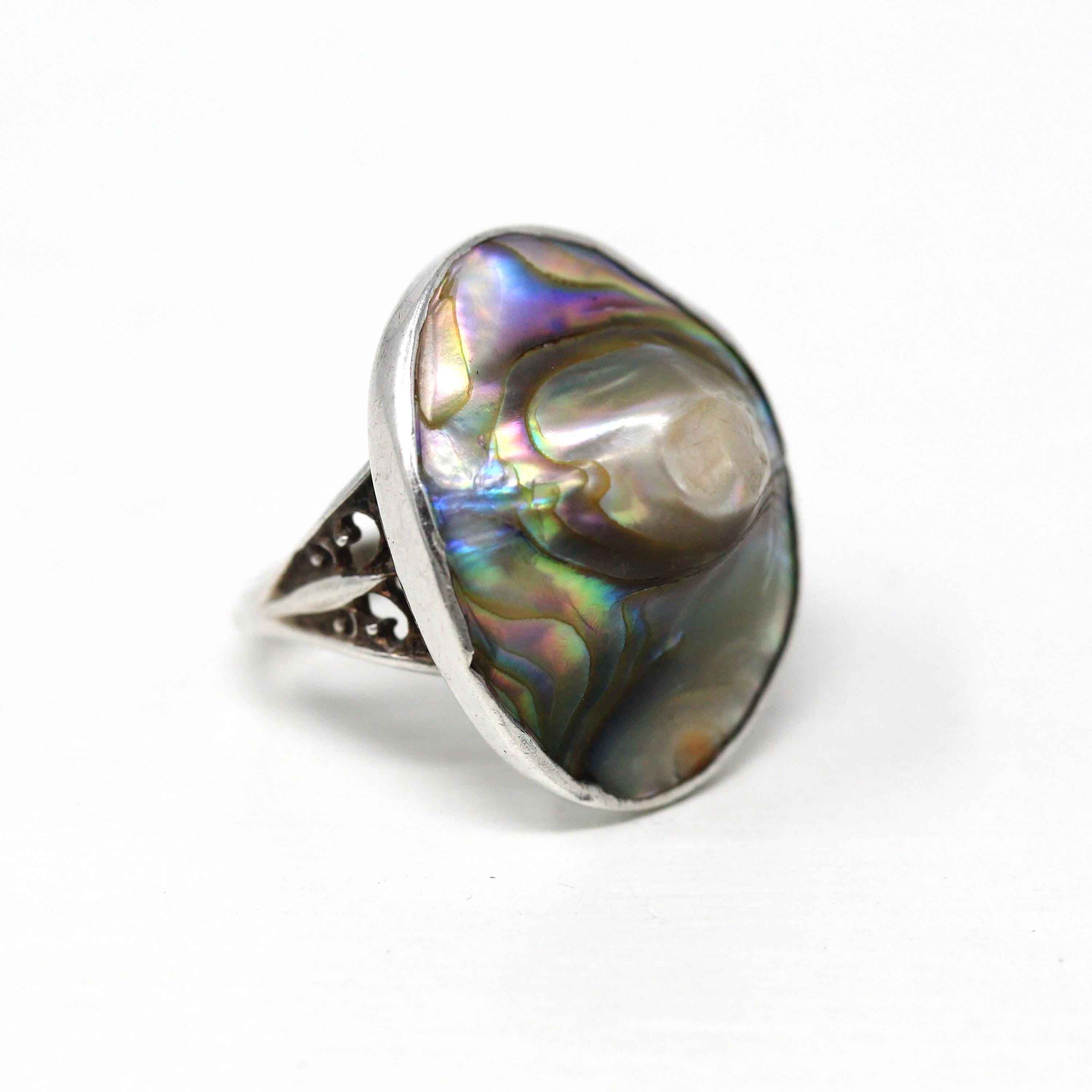 Blister Pearl Ring - Vintage Art Deco Era Sterling Silver Iridescent Organic Gem Statement - Circa 1930s Size 3 3/4 Unique 30s Oval Jewelry