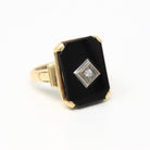 Genuine Onyx Ring - Retro 10k Yellow Gold Black Emerald Cut Gemstone - Vintage Circa 1940s Era Size 7 Diamond Gem Statement Fine Jewelry