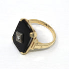 Genuine Onyx Ring - Retro 10k Yellow Gold Black Emerald Cut Gemstone - Vintage Circa 1940s Era Size 7 Diamond Gem Statement Fine Jewelry