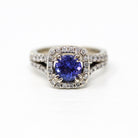 Tanzanite & Diamond Ring - Modern 18k White Gold Round Faceted 1.00 CT Gemstone - Estate 2000s Size 5 1/4 Fine Engagement Halo Jewelry