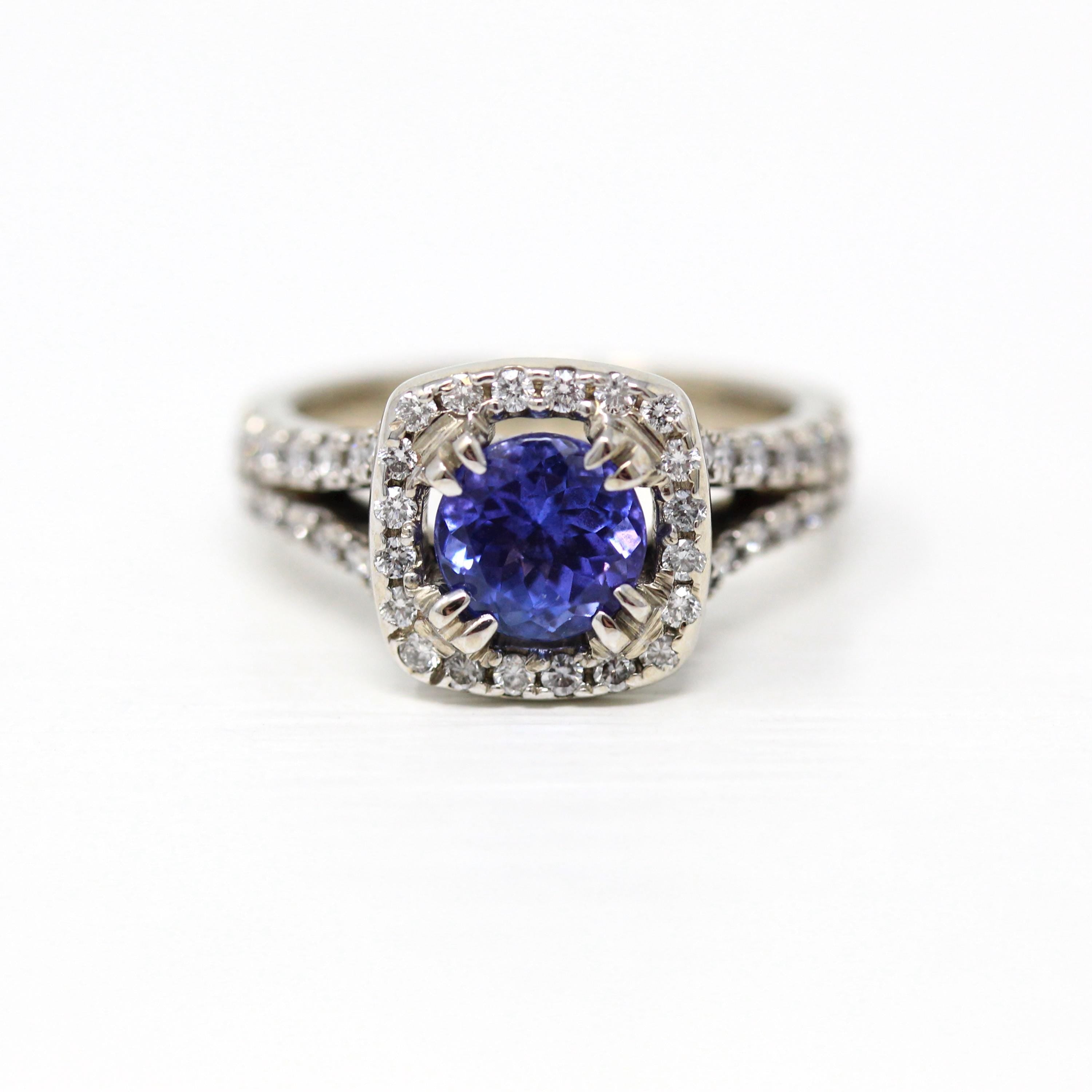 Tanzanite & Diamond Ring - Modern 18k White Gold Round Faceted 1.00 CT Gemstone - Estate 2000s Size 5 1/4 Fine Engagement Halo Jewelry