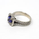 Tanzanite & Diamond Ring - Modern 18k White Gold Round Faceted 1.00 CT Gemstone - Estate 2000s Size 5 1/4 Fine Engagement Halo Jewelry