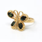 Vintage Butterfly Ring - 14k Yellow Gold Genuine Green Tourmaline Gemstones - Size 6 1/2 Statement Winged Bug New Old Stock 1970s Jewelry