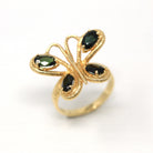 Vintage Butterfly Ring - 14k Yellow Gold Genuine Green Tourmaline Gemstones - Size 6 1/2 Statement Winged Bug New Old Stock 1970s Jewelry