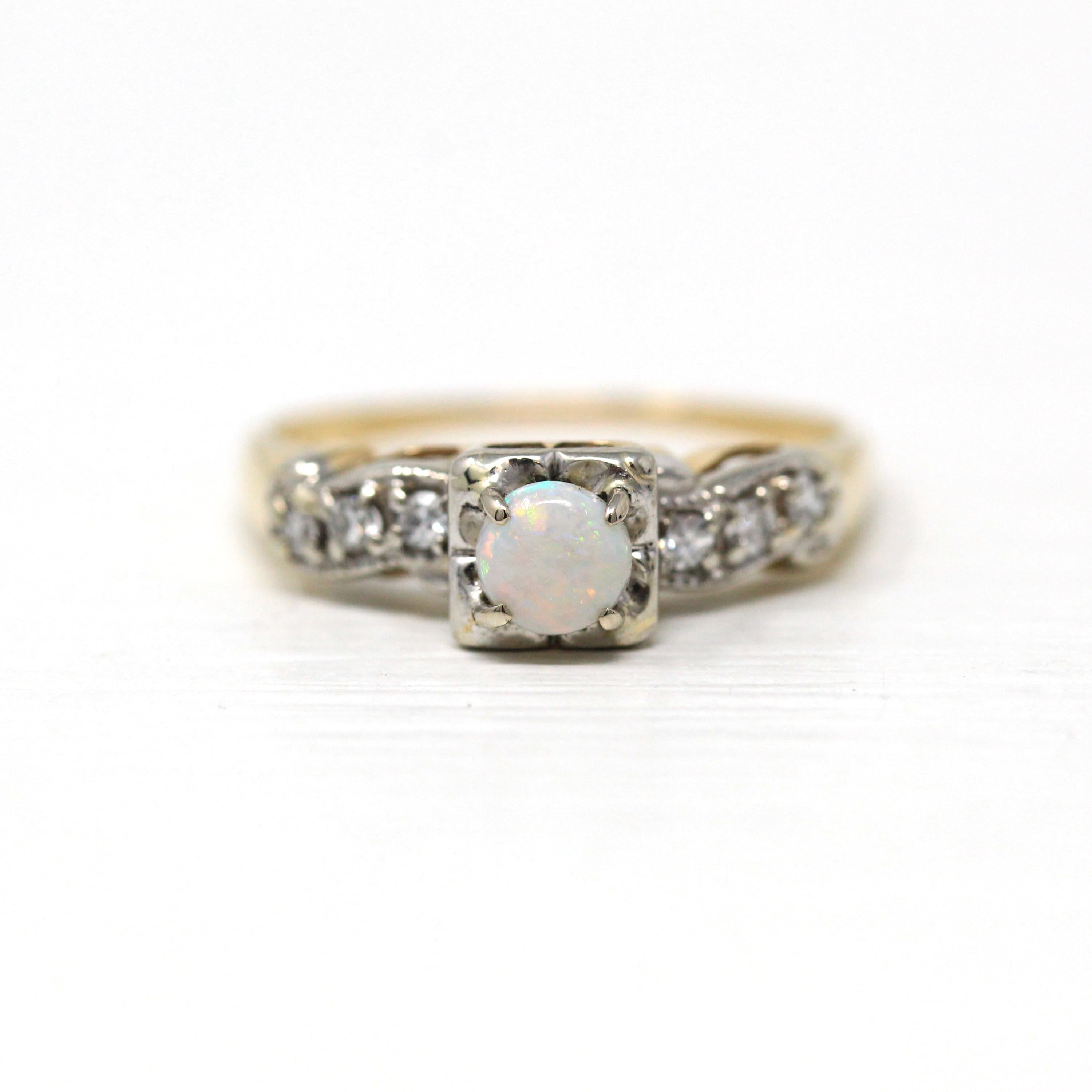 Genuine Opal Ring - Vintage Retro 14k Yellow & White Gold Diamond Accent Statement - Circa 1940s Two Tone Size 7 1/4 October Fine Jewelry