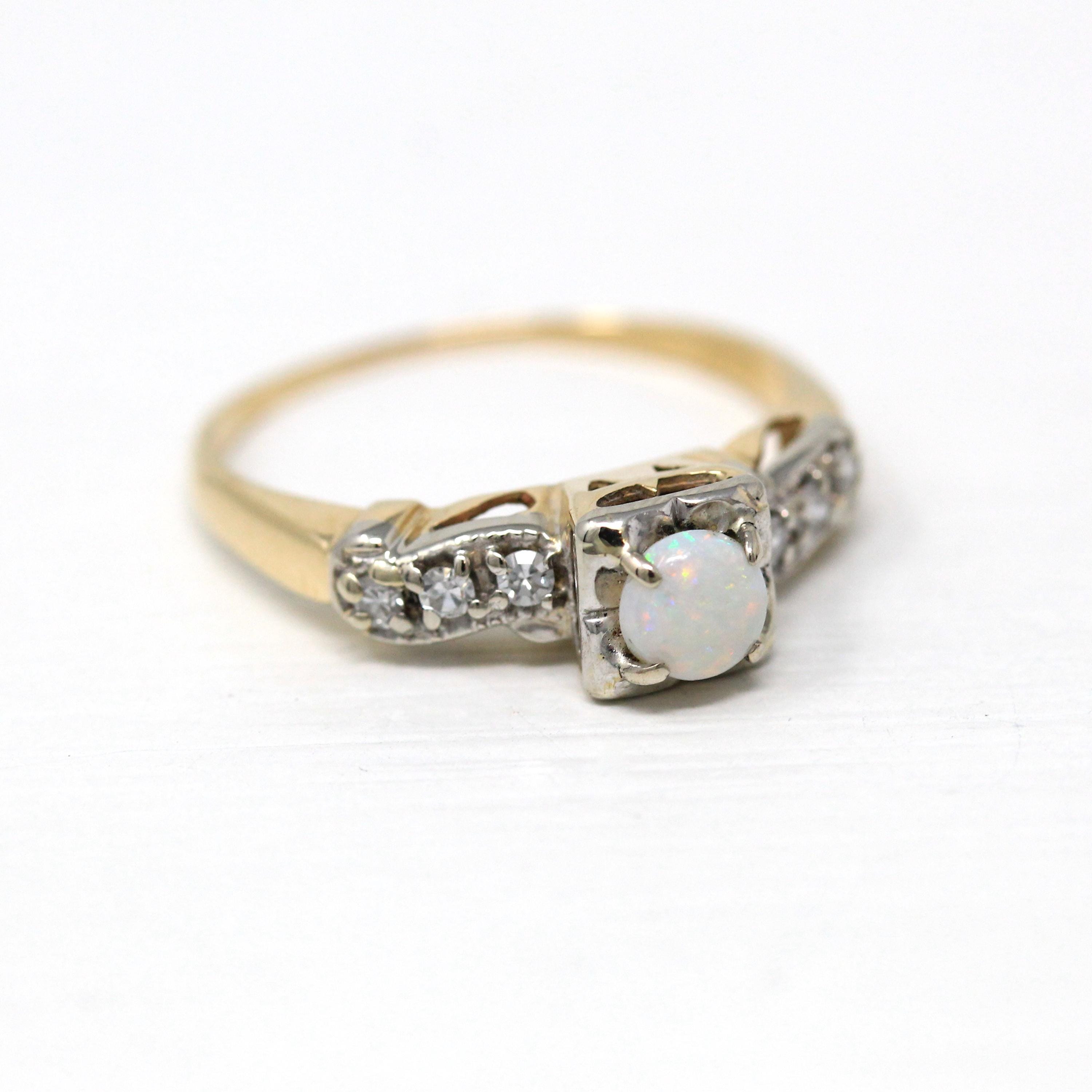 Genuine Opal Ring - Vintage Retro 14k Yellow & White Gold Diamond Accent Statement - Circa 1940s Two Tone Size 7 1/4 October Fine Jewelry