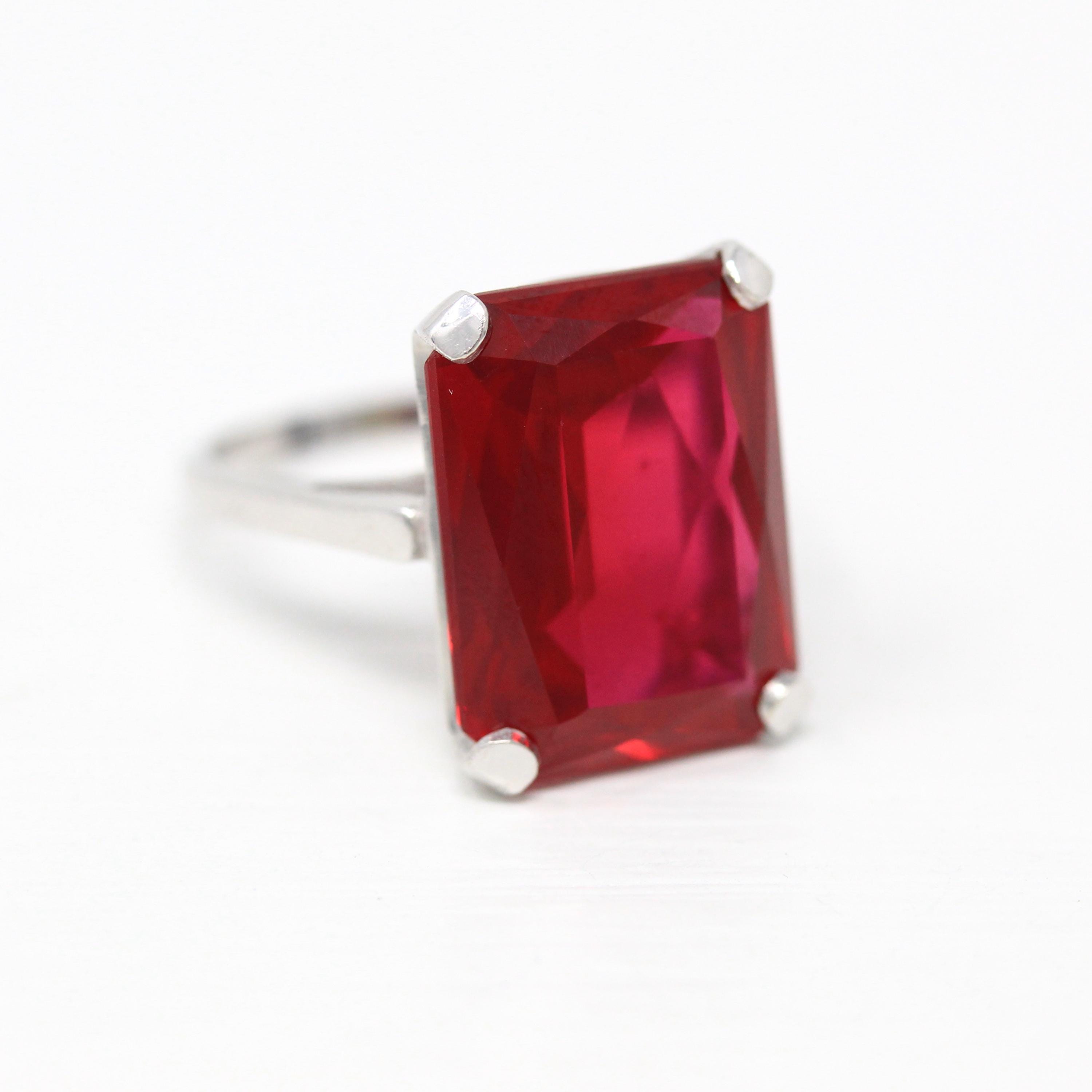 Created Ruby Ring - Retro 10k White Gold Rectangular Faceted 12.22 CT Red Stone - Vintage Circa 1960s Era Size 5 3/4 New Old Stock Jewelry