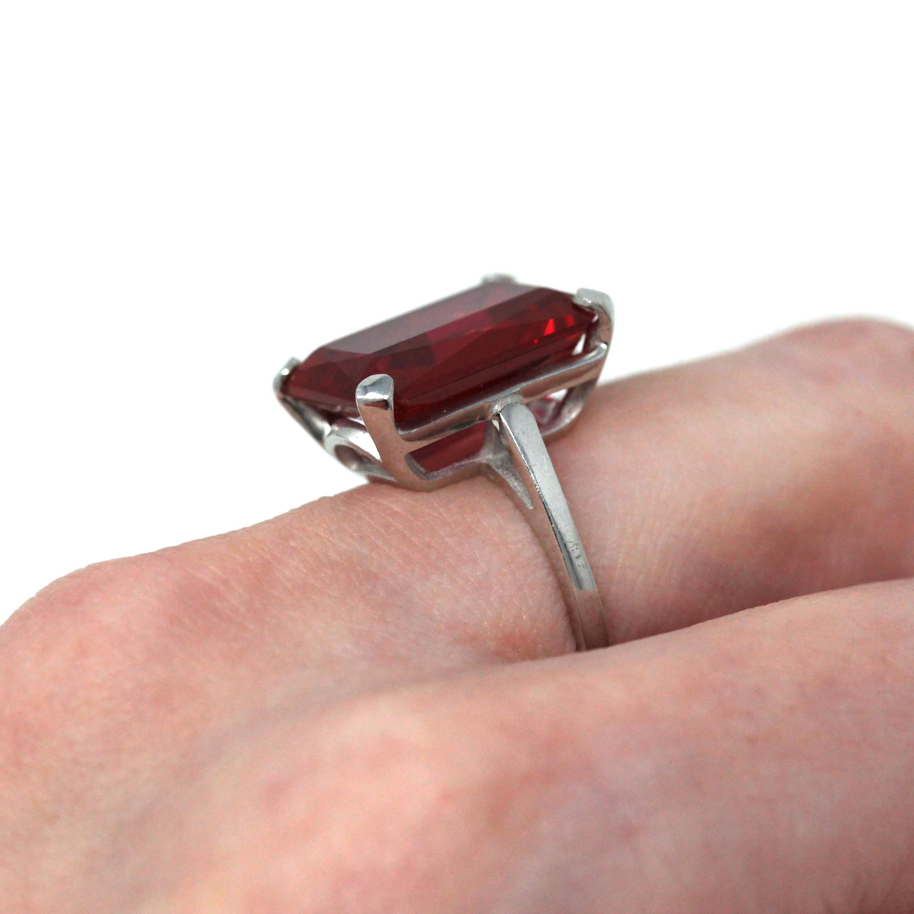 Created Ruby Ring - Retro 10k White Gold Rectangular Faceted 12.22 CT Red Stone - Vintage Circa 1960s Era Size 5 3/4 New Old Stock Jewelry