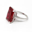 Created Ruby Ring - Retro 10k White Gold Rectangular Faceted 12.22 CT Red Stone - Vintage Circa 1960s Era Size 5 3/4 New Old Stock Jewelry