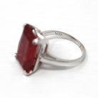 Created Ruby Ring - Retro 10k White Gold Rectangular Faceted 12.22 CT Red Stone - Vintage Circa 1960s Era Size 5 3/4 New Old Stock Jewelry