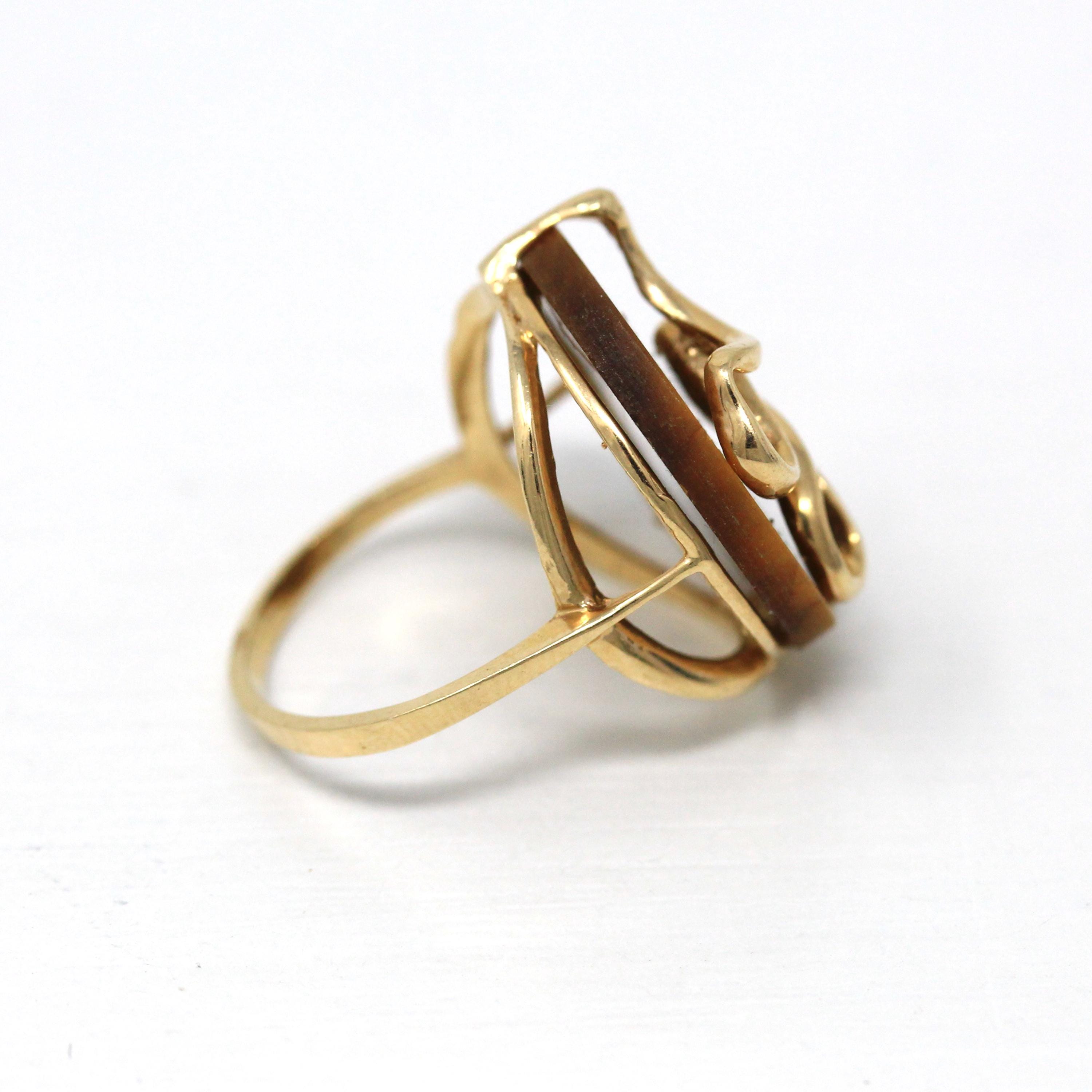 Tiger's Eye Ring - Retro 10k Yellow Gold Genuine Brown Gemstone Round Snake Motif - Vintage 1970s Era Size 6 3/4 Statement Fine Jewelry