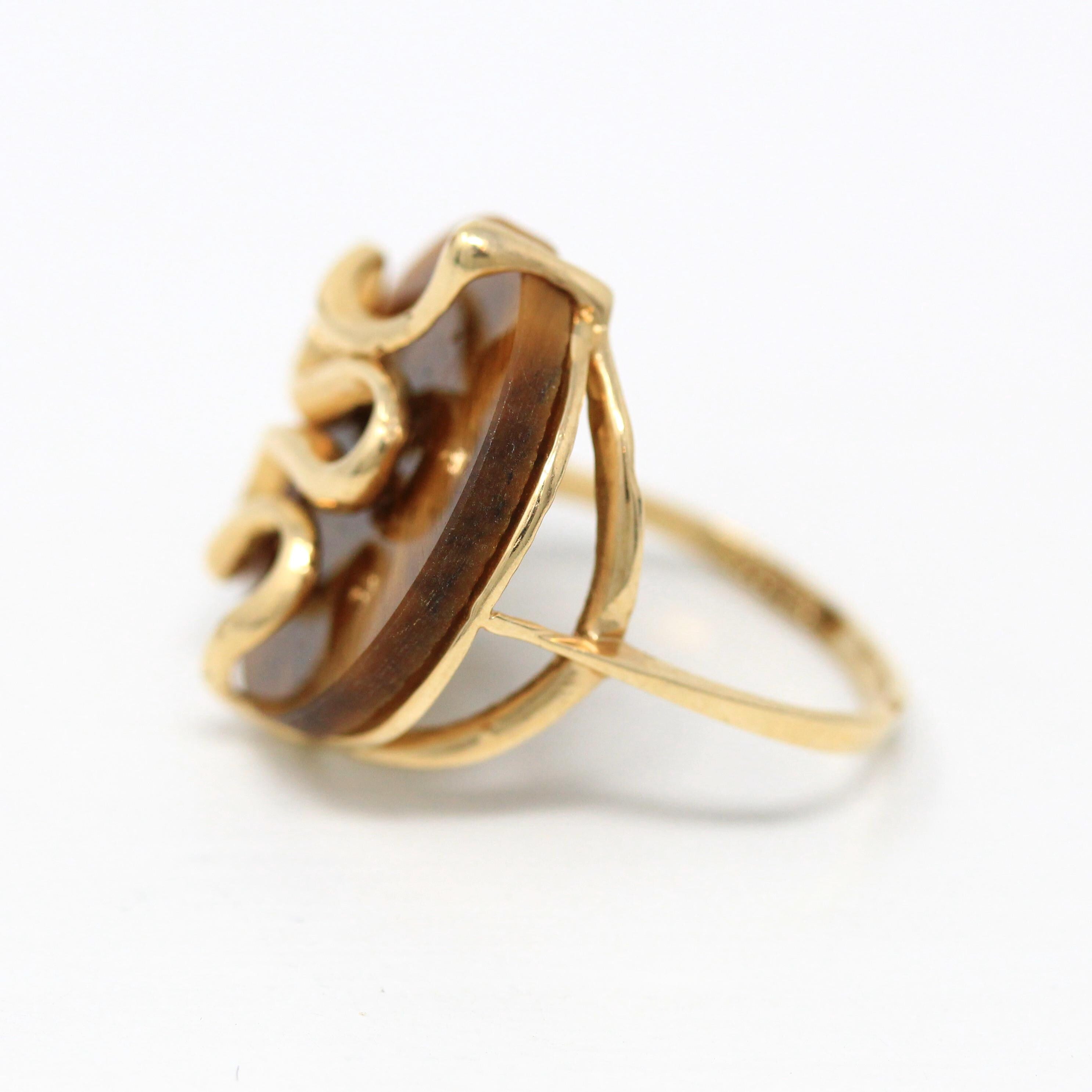 Tiger's Eye Ring - Retro 10k Yellow Gold Genuine Brown Gemstone Round Snake Motif - Vintage 1970s Era Size 6 3/4 Statement Fine Jewelry