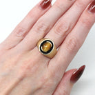 Tiger's Eye Ring - Retro 10k Yellow Gold Genuine Brown Gemstone Oval Cabochon - Vintage 1970s Era Size 9 Statement Men's Jewelry