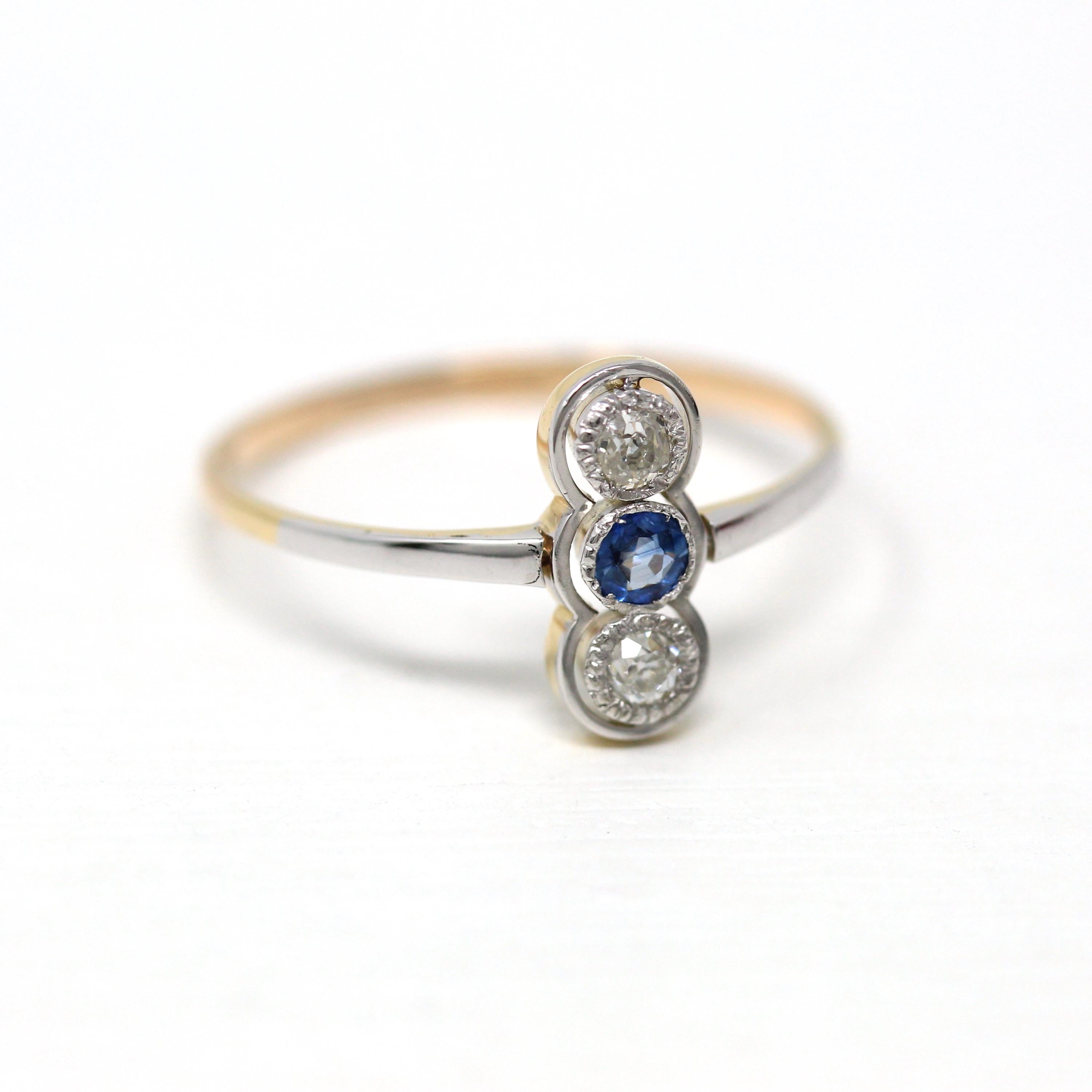 Antique Edwardian Ring - Vintage 18k Gold & Platinum Old European Cut Diamonds Genuine Blue Sapphire - 1910s Size 10.5 Fine Jewelry Report