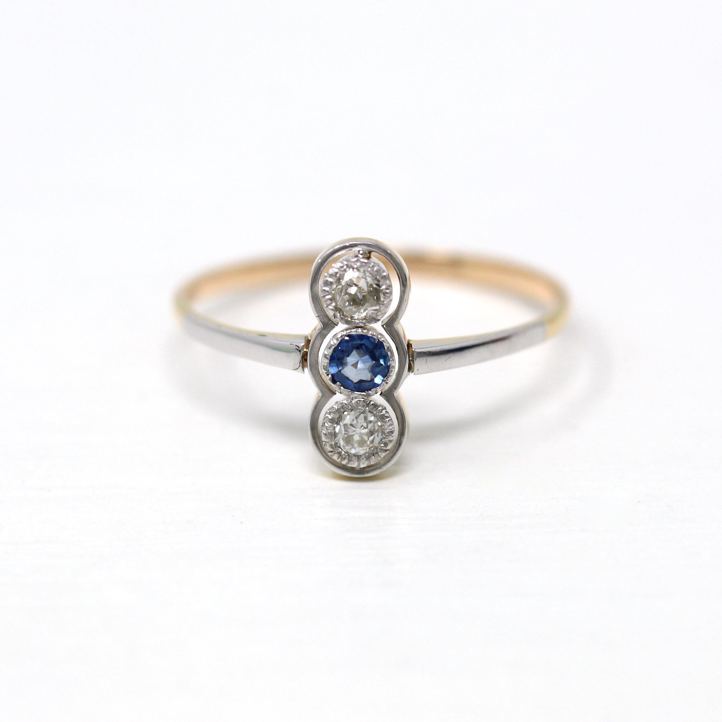 Antique Edwardian Ring - Vintage 18k Gold & Platinum Old European Cut Diamonds Genuine Blue Sapphire - 1910s Size 10.5 Fine Jewelry Report