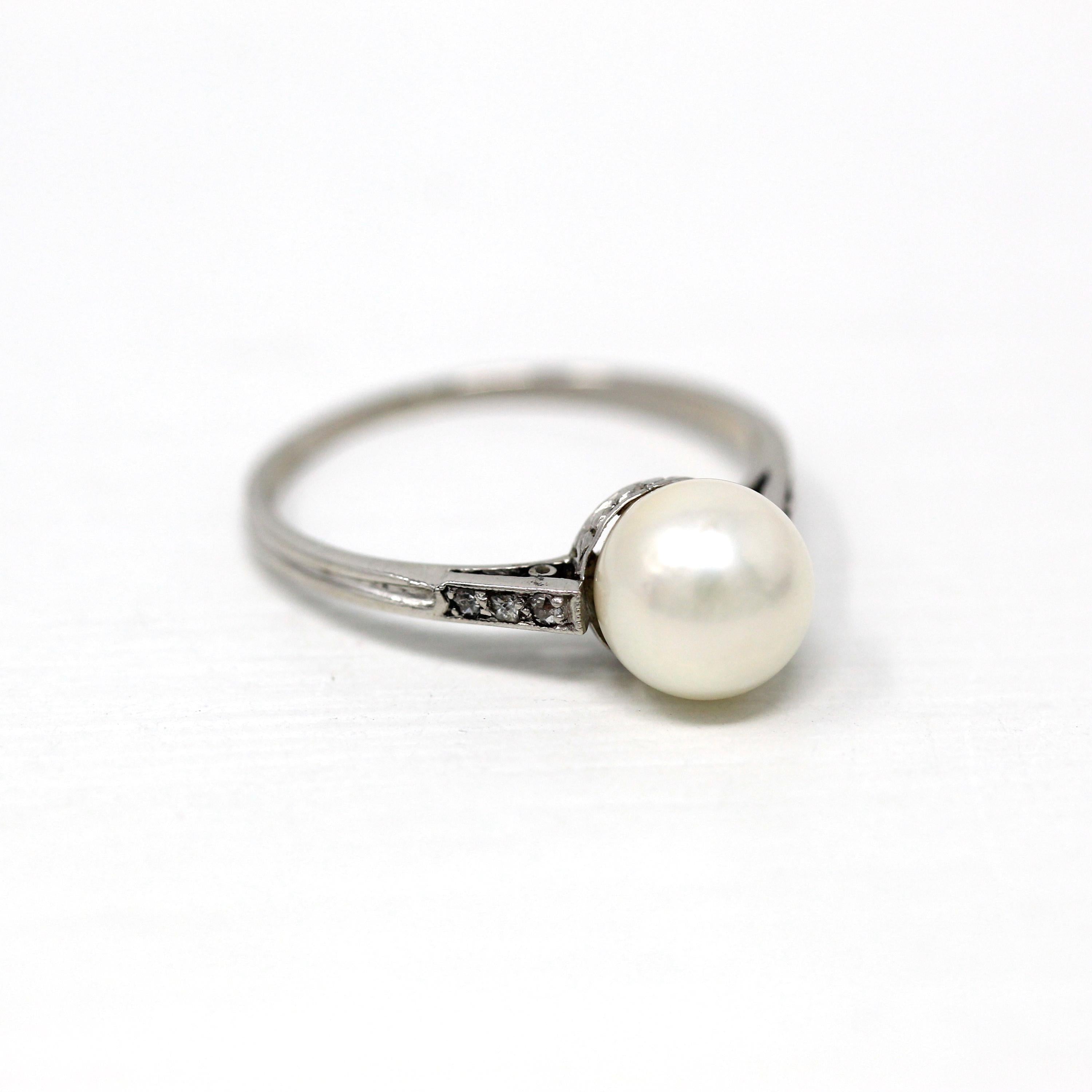 Cultured Pearl Ring - Art Deco Era Platinum Genuine 7.5 White Gem - Antique Circa 1920s Size 6 1/2 Fine Vintage Solitaire Diamonds Jewelry