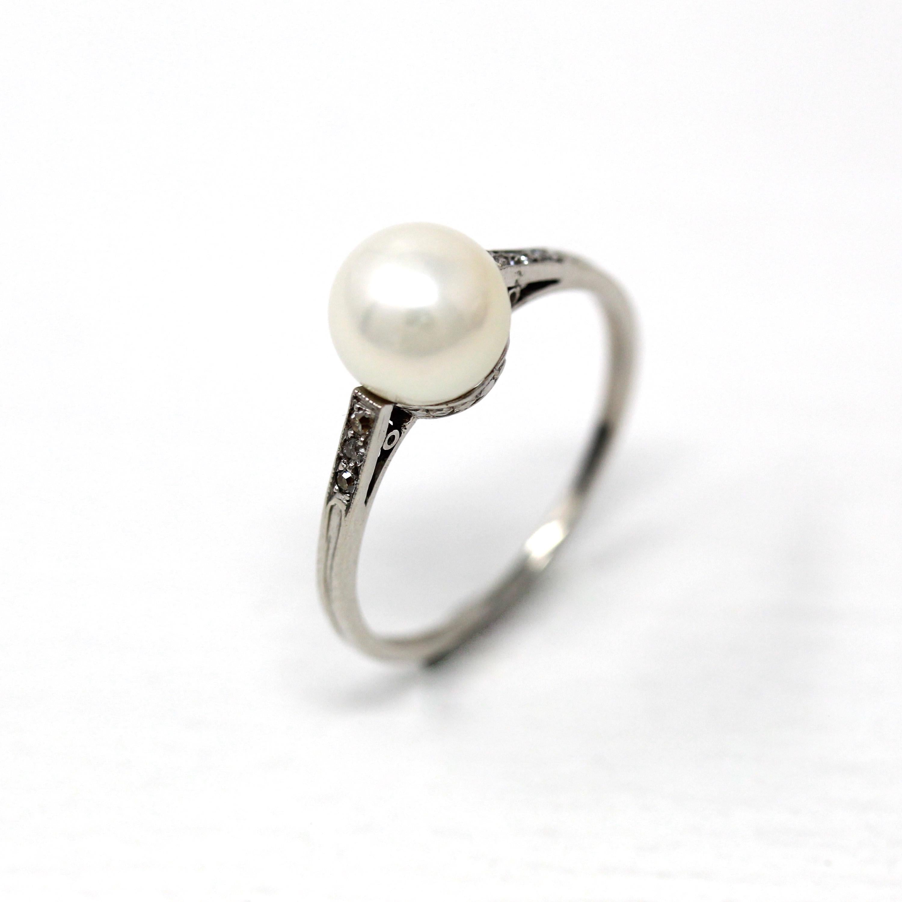 Cultured Pearl Ring - Art Deco Era Platinum Genuine 7.5 White Gem - Antique Circa 1920s Size 6 1/2 Fine Vintage Solitaire Diamonds Jewelry