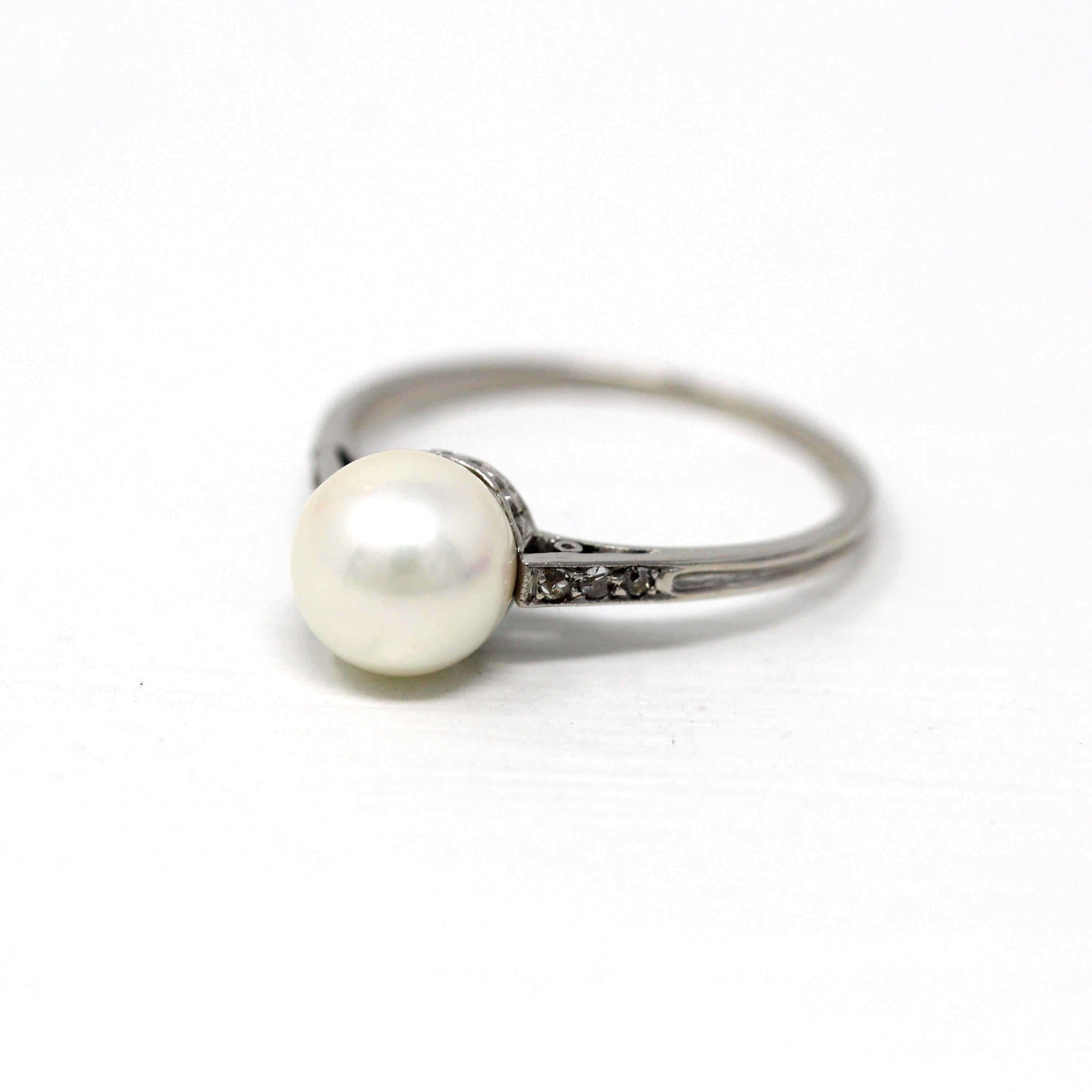 Cultured Pearl Ring - Art Deco Era Platinum Genuine 7.5 White Gem - Antique Circa 1920s Size 6 1/2 Fine Vintage Solitaire Diamonds Jewelry