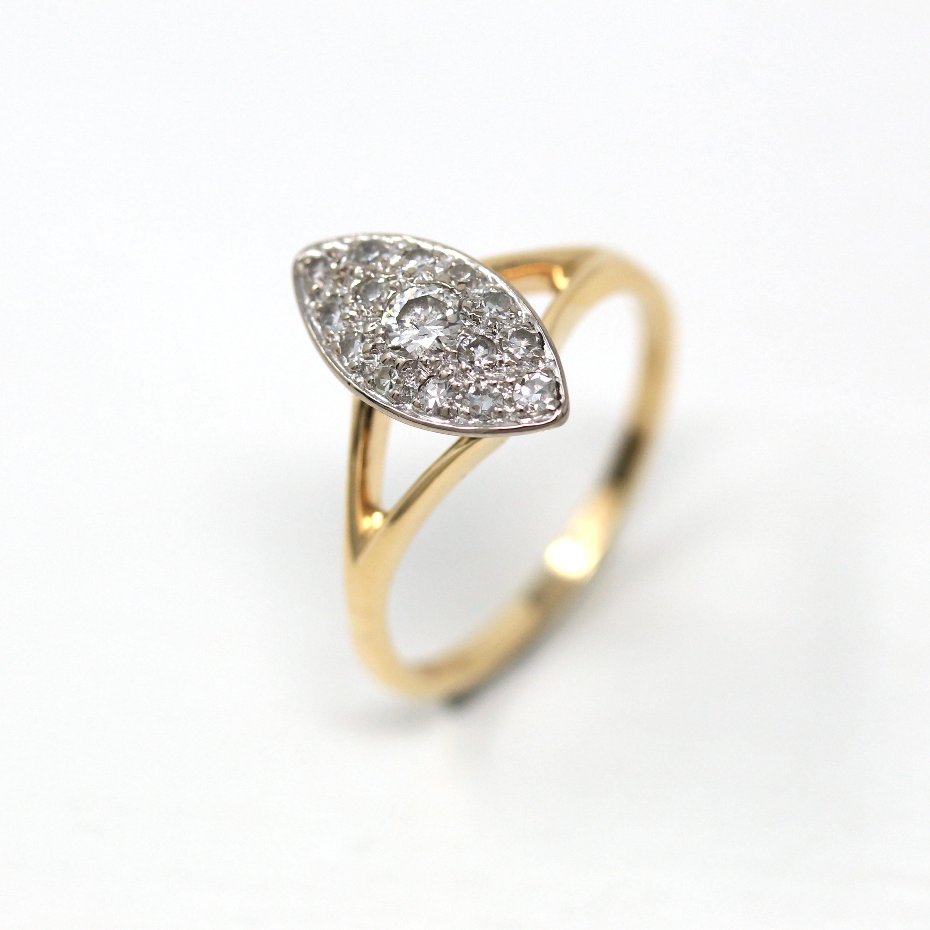 Vintage Navette Ring - Retro 14k Yellow & White Gold Genuine Diamond .43 CTW Gems - Circa 1940s Era Size 9 Anniversary Promise Jewelry