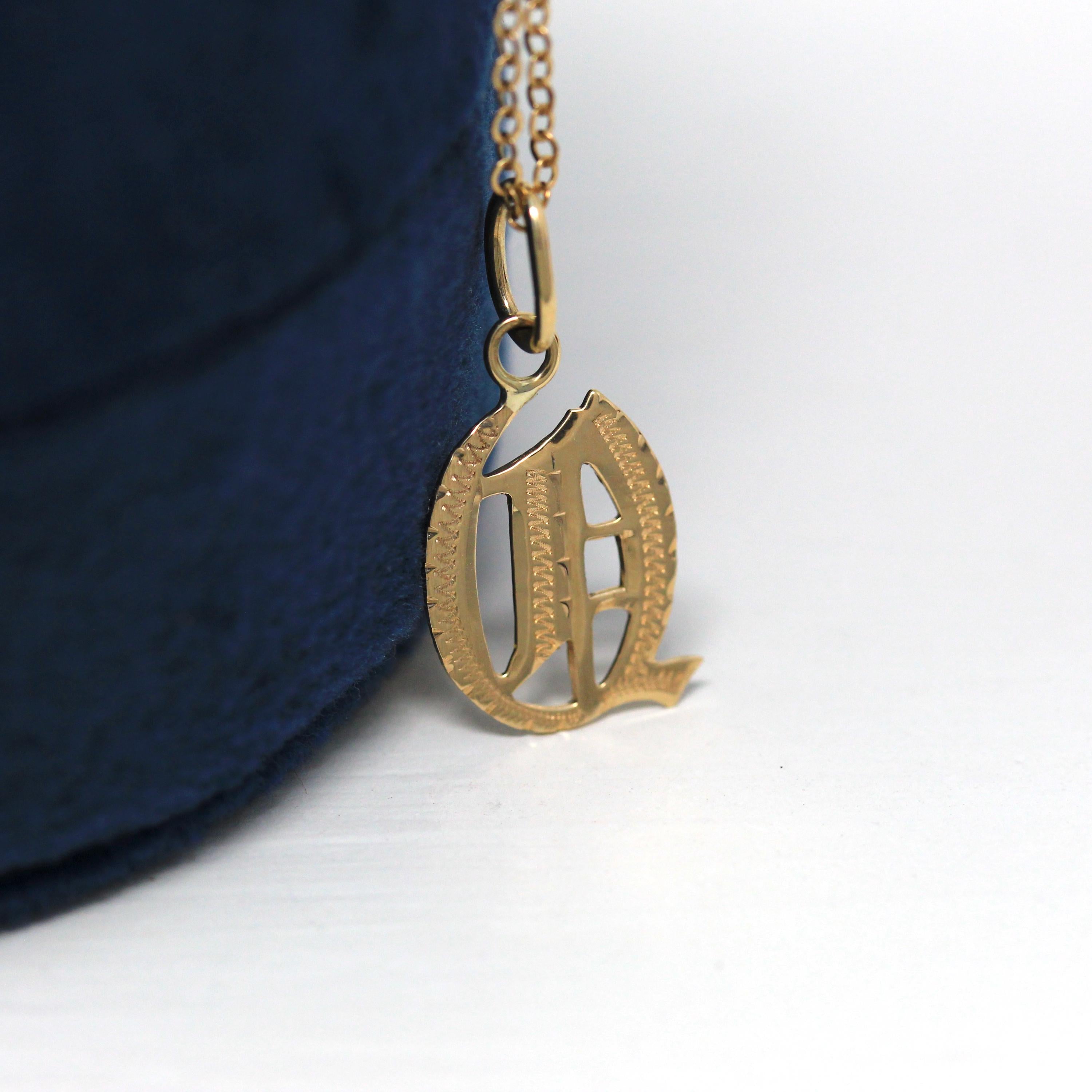 Letter "Q" Charm - Art Deco 10k & 14k Gold Initial Old English Style Pendant Necklace - Vintage Circa 1930s Ostby Barton Fine Jewelry