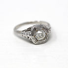 Diamond Engagement Ring - Vintage 14k White Gold Filigree Genuine 1/2 CT Gem - Antique 1930 Size 4 Wedding Hexagonal Bridal Fine Jewelry