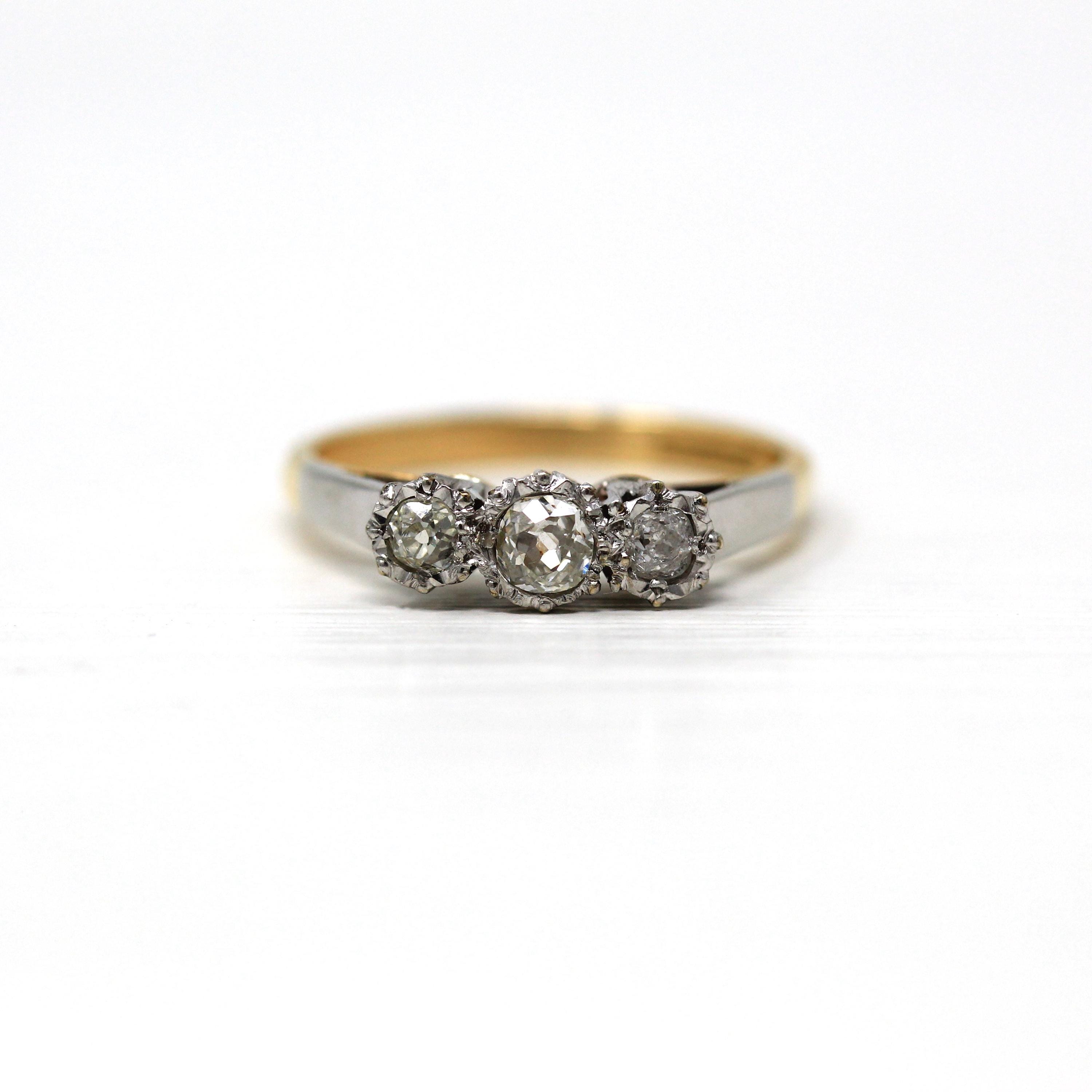 Antique Diamond Band - Edwardian 18k Yellow Gold & Platinum Old European Gems .26 CTW Ring - Vintage Three Stone Ring Size 6 Fine Jewelry